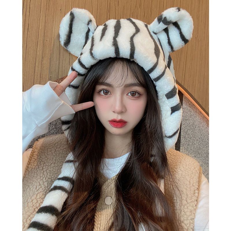 Mũ Trùm Đầu Kèm Khăn Choàng Cổ Che Tai Hình Đầu Hổ Dễ Thương Thời Trang Mùa Đông Cho Mẹ Và Bé