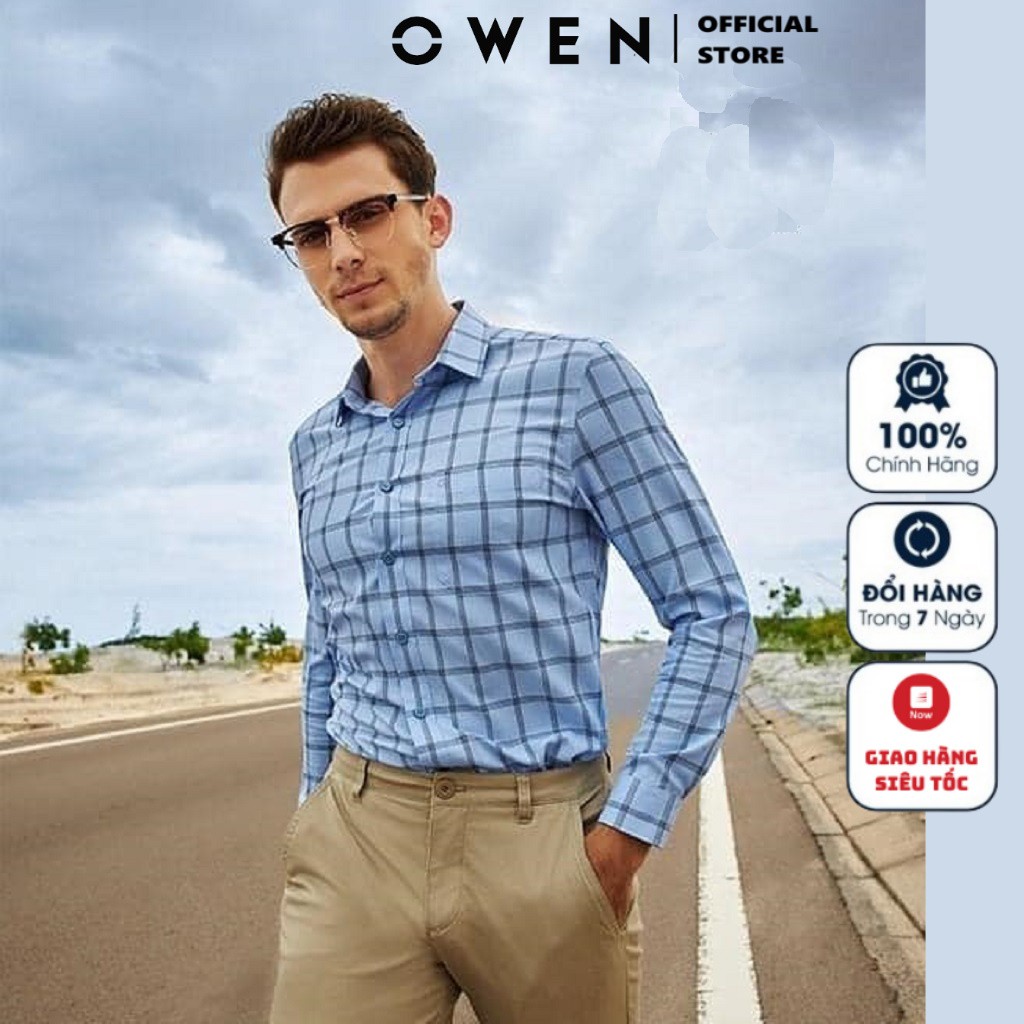 Áo Sơ Mi Nam Tay Dài Owen AR20962DT Dáng Regular Fit Màu Caro Xanh Nhạt Chất Vải Cafe