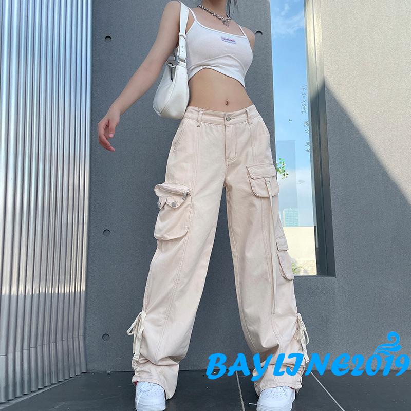 Bay-quần Jean Baggy Dáng Rộng Eo Cao Có Dây Rút Viền Viền Màu Trơn Giản Dị Dành Cho Bạn Nữ Mặc Hàng Ngày