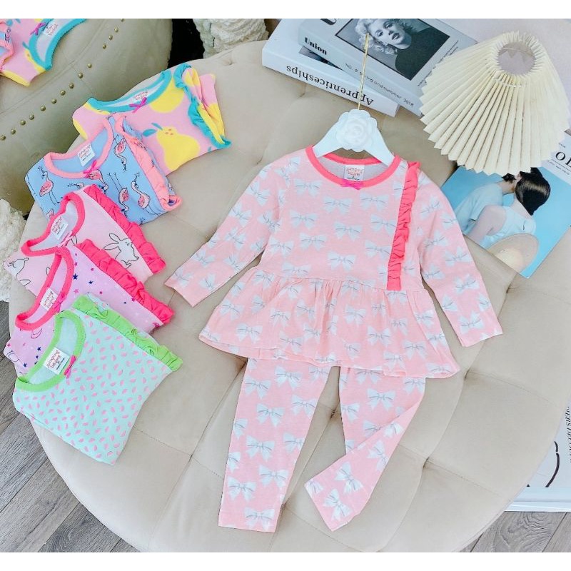 Bộ Bánh Bèo Bé Gái Dài Tay Thu Đông cotton xuất Nhật co dãn