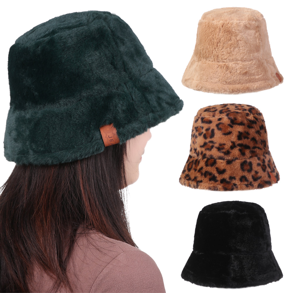 Mũ bucket phối lông giả màu trơn/họa tiết động vật thời trang mùa đông cho nữ