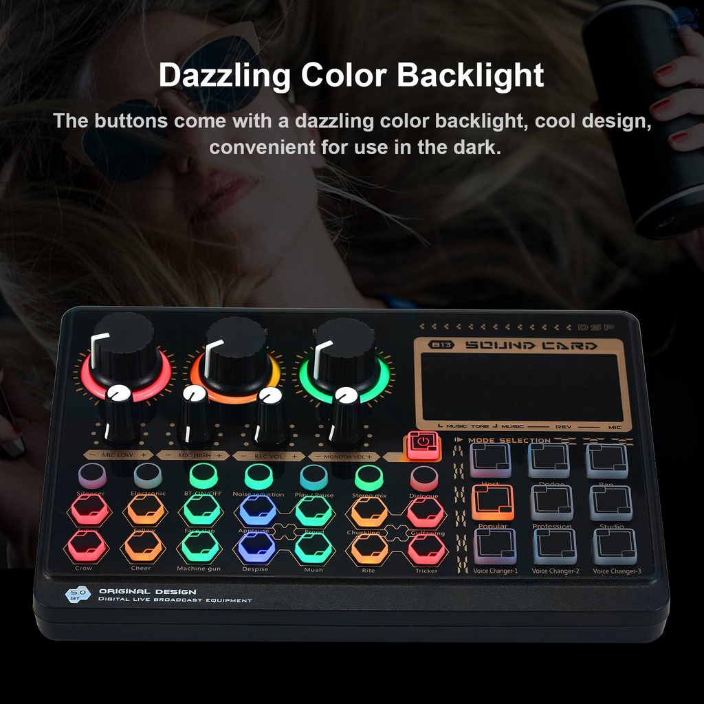 BF X6mini External Live Sound Card Mini Sound Mixer Board for Live Streaming Music Recording Karaoke Singing Color Backlight Buttons with 14 Special Effects BT Connection for Smartphone Laptop PC