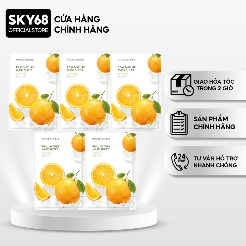 Combo 5 Mặt Nạ Giấy Cấp Ẩm, Dưỡng Trắng, Mờ Thâm, Chống Lão Hoá Nature Republic Real Nature Mask Sheet 23ml x 5 - Orange