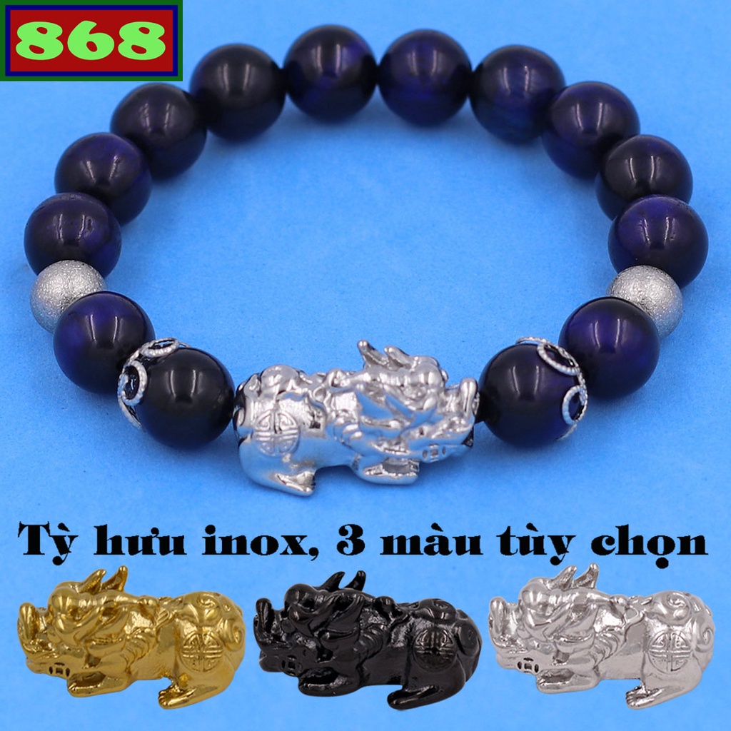 Vòng chuỗi đeo tay đá hổ xanh đen charm tỳ hưu inox, bi inox, khía bông inox, từ hạt 8 ly đến 12 ly