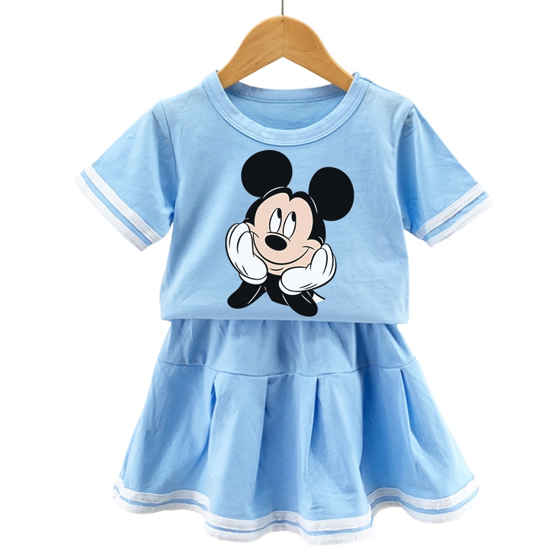 Set Đồ Thể Thao 2 Món Phối Áo Thun In Hình Chuột Mickey Dễ Thương Cho Bé Gái