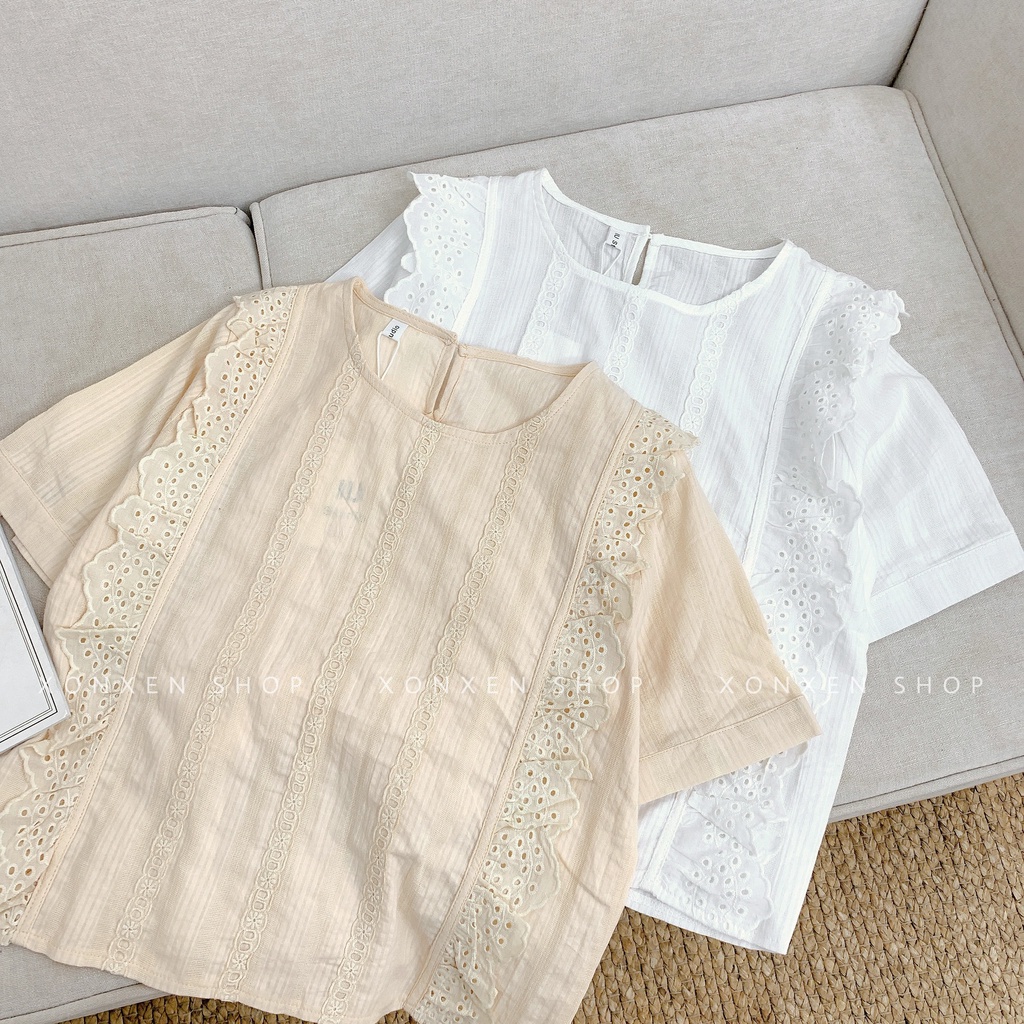 ÁO KIỂU NỮ áo kiểu tiểu thư phối đường ren dễ thương chất vải mịn mát XONXEN SHOP freesize mã 3365