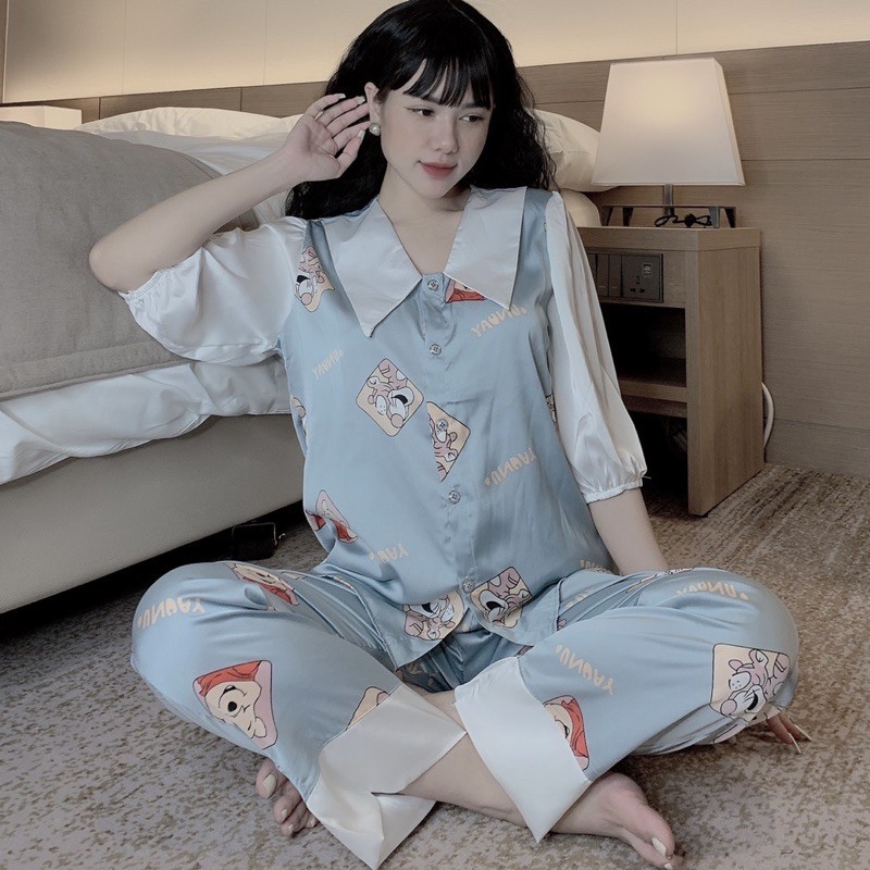 Đồ Bộ Pijama Lụa Tiểu Thư Latin Cao Cấp🌸Tay Lỡ Cổ Nhọn☘️Đồ Ngủ Nữ