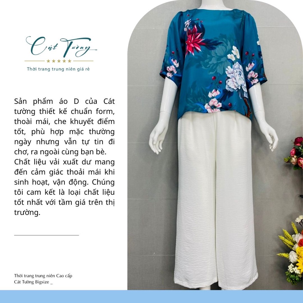 Bộ đồ trung niên cao cấp - Áo kiểu lụa kèm quần đũi ống suông sang trọng, quý phái - Thời Trang trung niên Cát Tường
