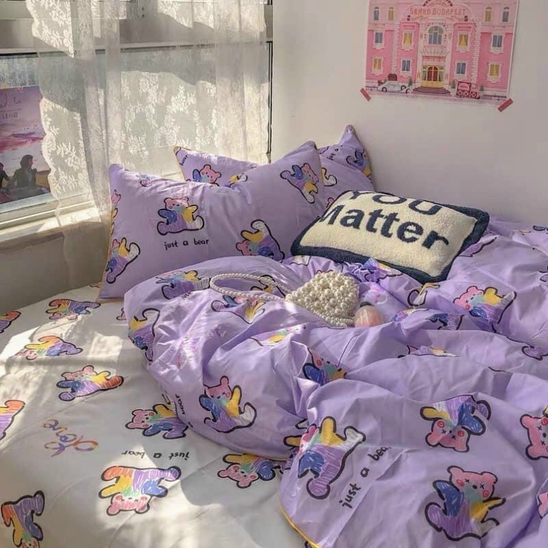 Bộ chăn ga gối cotton poly - Mẫu gấu tím Chăn Ga Gối TA Bedding nhiều size 1m, 1m2, 1m4, 1m6, 1m8, 2m2