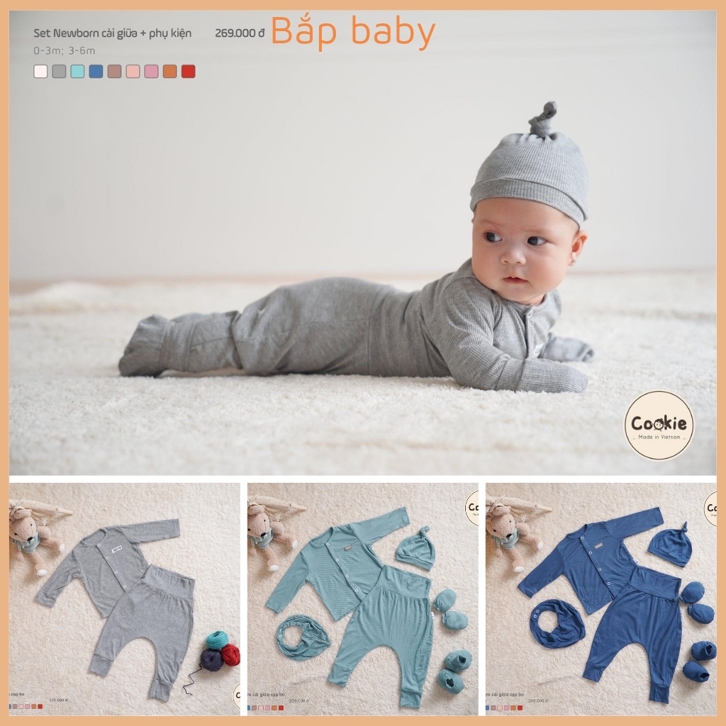 Quần áo sơ sinh bé trai và bé gái COOKIE bộ sơ sinh dài tay chất vải cotton tăm lạnh, mặc mùa hè size 0 đến 6 tháng tuổi