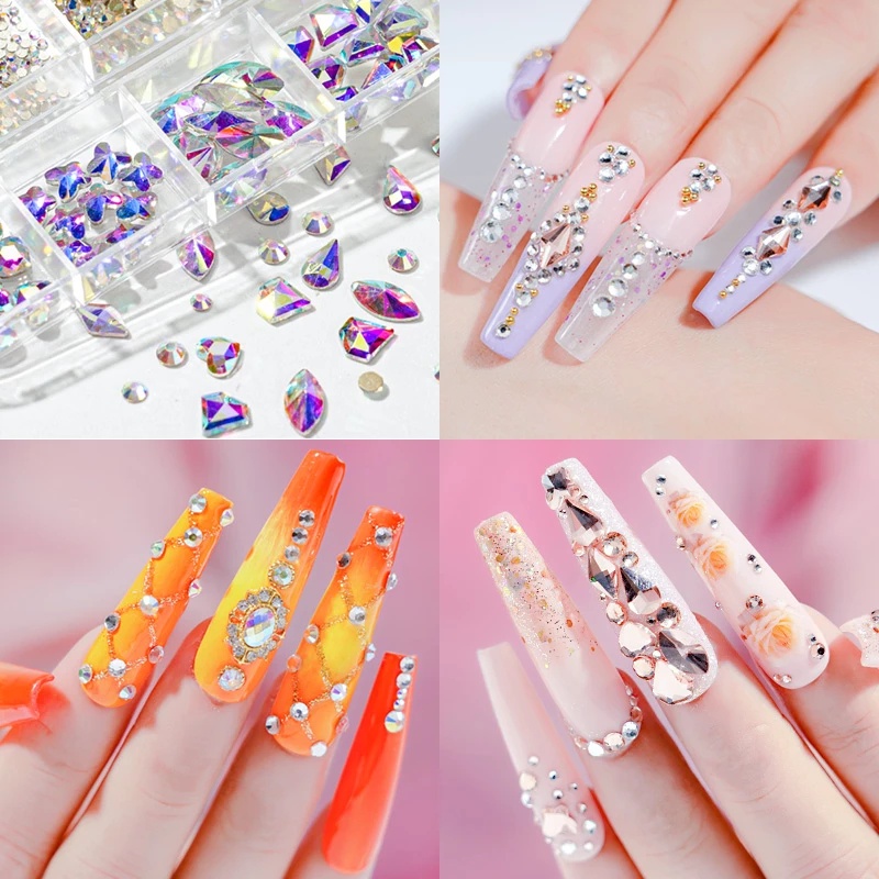 Hộp 12 Kích Cỡ Hạt Pha Lê AB 3D Trang Trí Móng Tay Nghệ Thuật