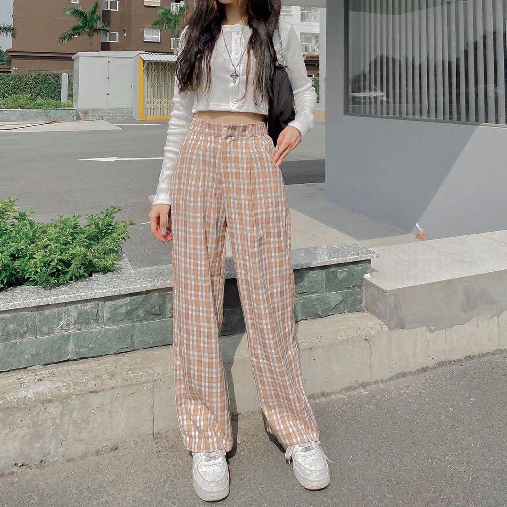 Quần Kẻ Caro LUSI Lưng Cao Ống Suông Dáng Rộng Ulzzang