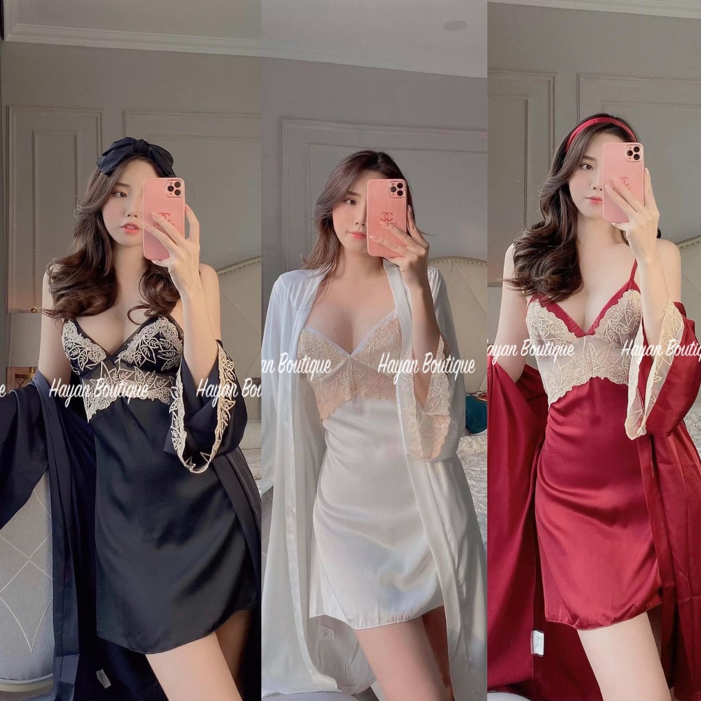 Set váy ngủ và áo choàng sexy ren hoạ tiết gợi cảm, váy ngủ lụa mặc nhà KÈM MÚT NGỰC Quảng Châu #HT161