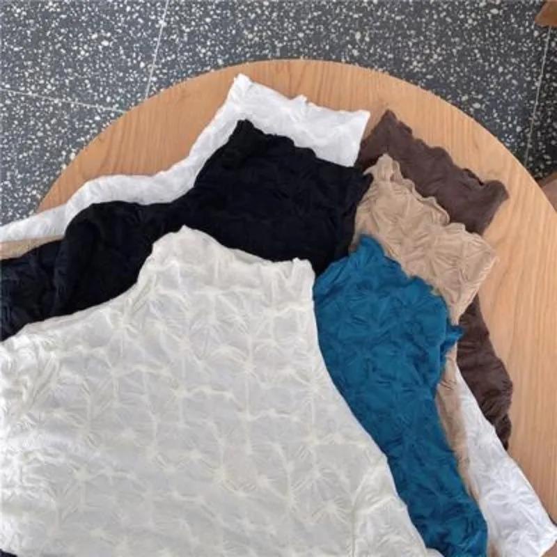 Áo thun tay dài cổ cao phối ren thiết kế xếp ly thời trang nữ sành điệu