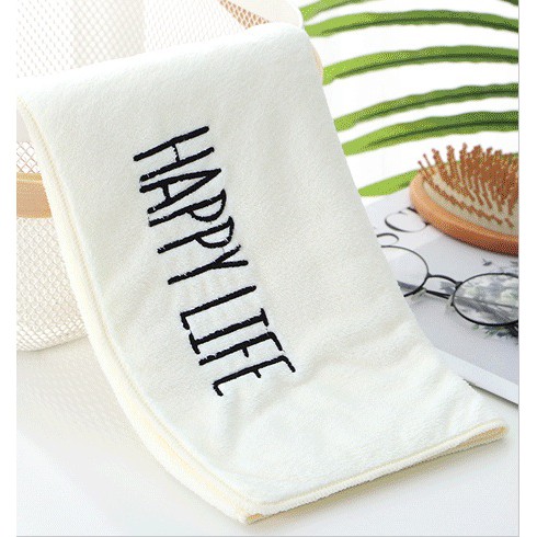 Khăn tắm lau đầu rửa mặt xuất nhật 100% cotton thêu chữ Happy Life thấm hút nước tốt chất vải mềm mịn