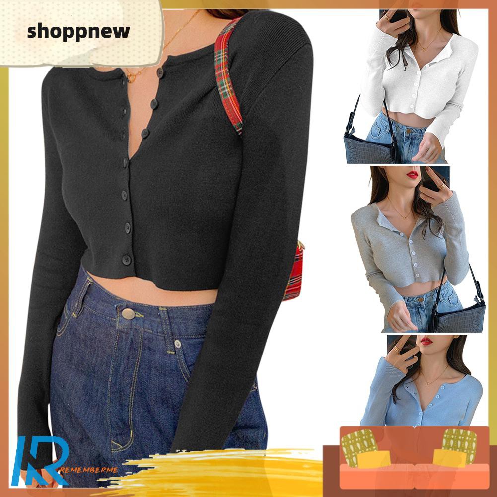 Áo Croptop Dệt Kim Tay Dài Thiết Kế Cổ Chữ V Quyến Rũ