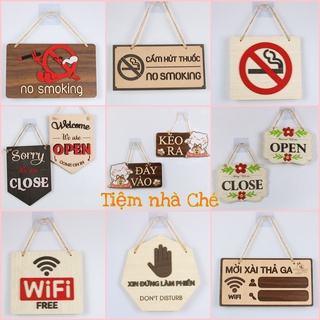 Bảng gỗ treo tường, trang trí nhà cửa open close, đẩy váo kéo ra, no smoking, cấm hút thuốc, wifi free tặng đinh 3 chân