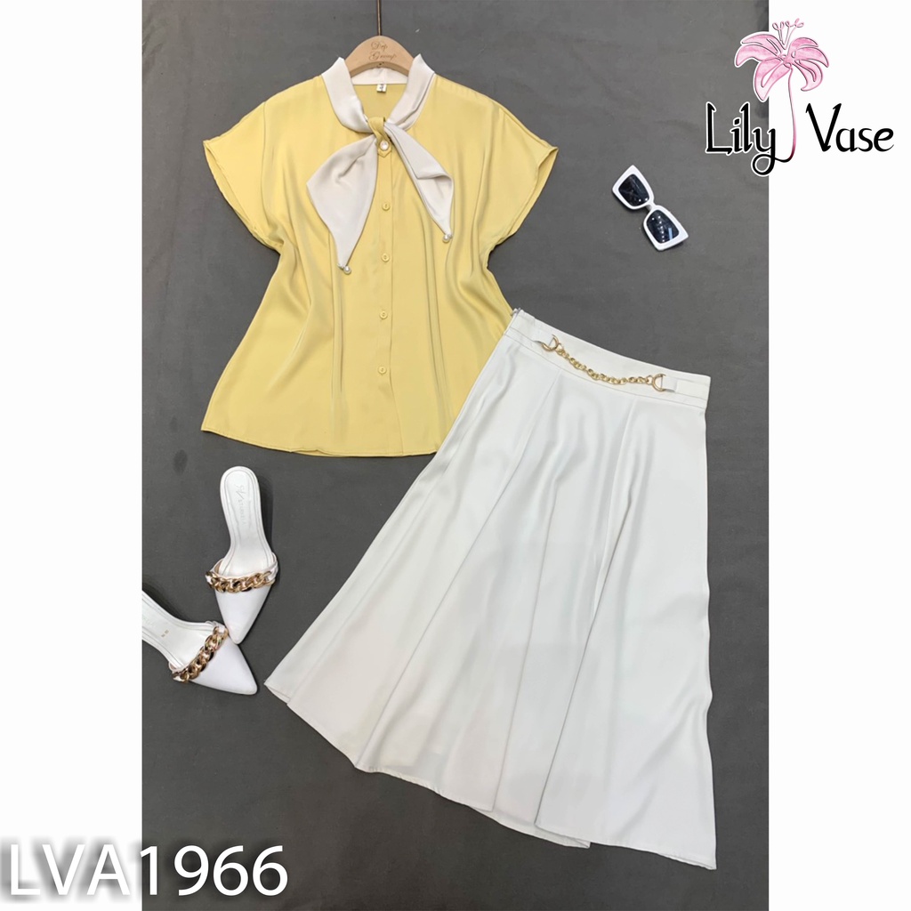 Áo sơ mi nữ chất vải lụa mềm mát tay hến, cổ chữ V kèm khăn thắt nơ kiểu tiểu thư trang nhã (LVA1966)