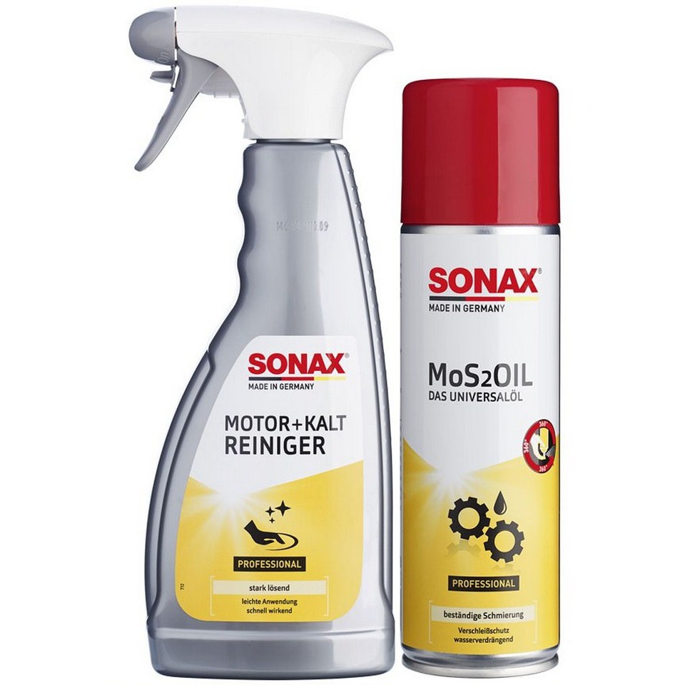 COMBO VỆ SINH ĐỘNG CƠ MÁY XE SONAX ENGINE COLD CLEANER 500ML VÀ DẦU PHỦ BẢO VỆ SONAX MOS2OIL 300ML 339200