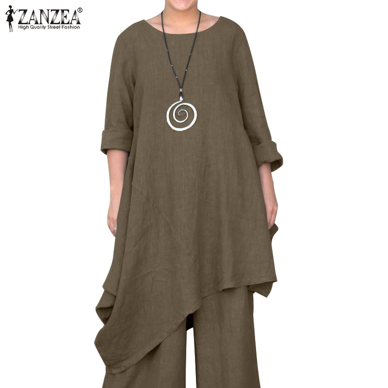 Zanzea Set 2 Món Áo Thun Ngắn Tay Cổ Tròn + Quần Dài Ống Rộng Thời Trang Nữ