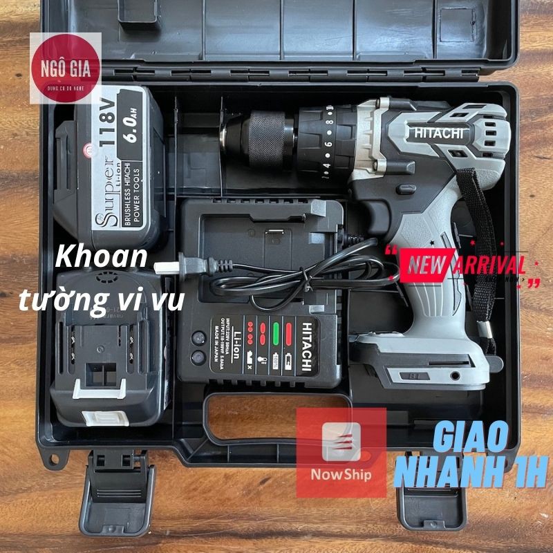 Khoan pin Hitachi 118v đầu 13mm không chổi than, khoan tường mạnh mẽ