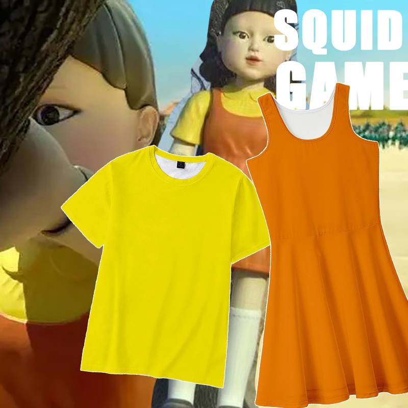 Bộ đồng phục áo thun tay ngắn và váy hóa trang bé gái trong phim Squid Game vui chơi tiệc Halloween