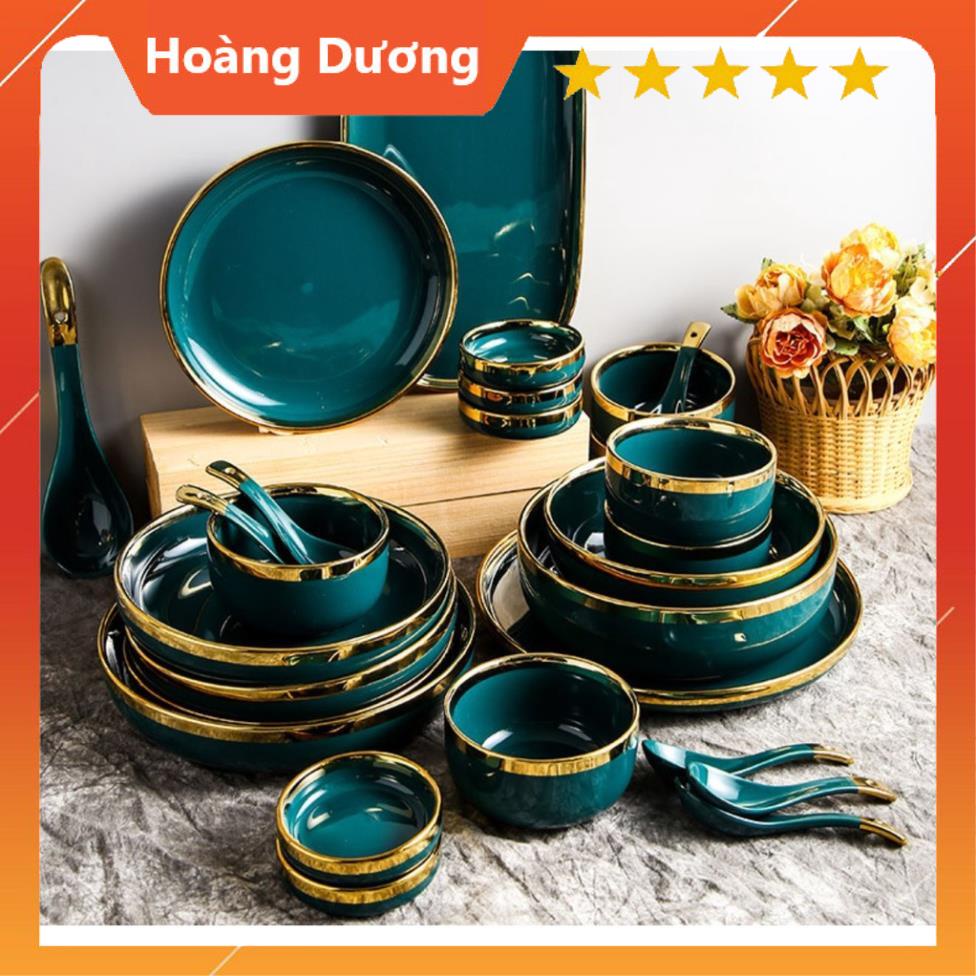 Bộ Bát ăn 26 Món Cao Cấp Bán Lẻ, Bộ Bát Ăn Cơm Xanh Cổ Vịt Viền Vàng, Bát Sứ Viền Vàng.
