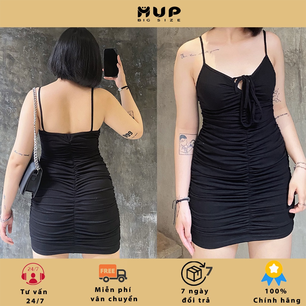 Đầm body bigsize 2 dây sexy đen tôn dáng dây rút MUP Bigsize DBD01