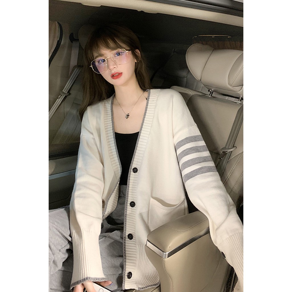 Áo khoác len dệt kim cardigan cài khuy phối viền sọc tay style Hàn Quốc cá tính