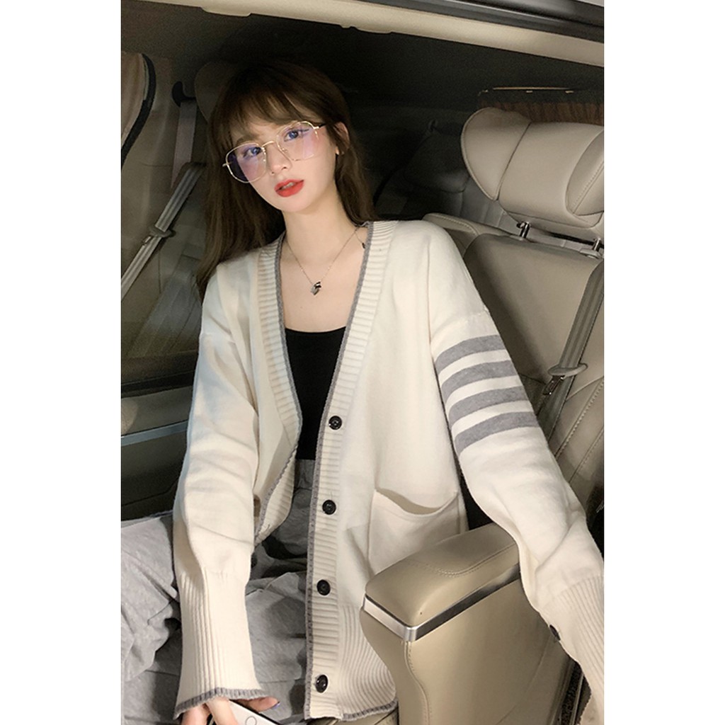 (ORDER)  Áo khoác len dệt kim cardigan cài khuy phối viền sọc tay style Hàn Quốc cá tính (HÀNG_MỚI) | WebRaoVat - webraovat.net.vn