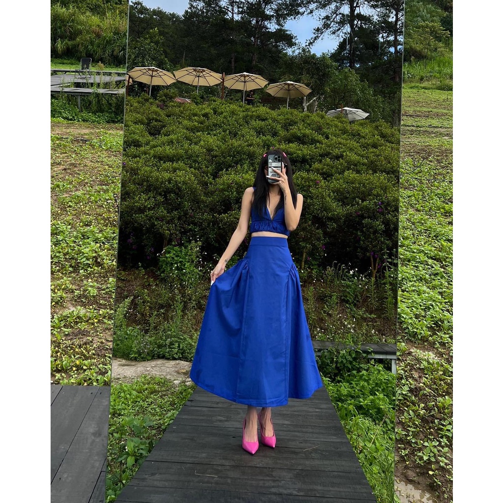 Chân váy nylon dáng dài màu xanh coban, là min - NYLON RUFFLE MIDI SKIRT - COBAN