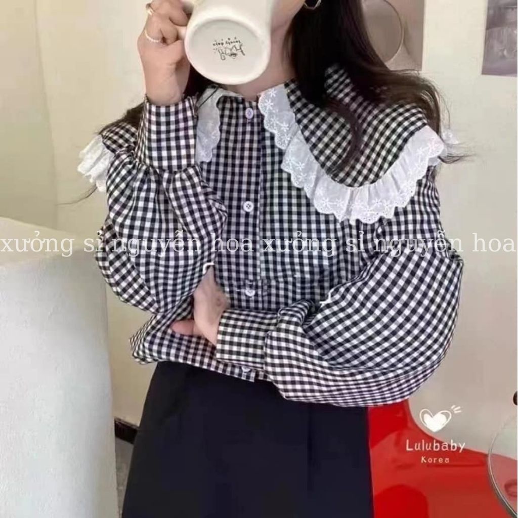 áo sơ mi dài tay cổ bèo 2 lớp viền ren form rộng mặc thoải mái 2 màu trắng, kẻ đen dễ phối đồ xưởng sỉ nguyễn hoa