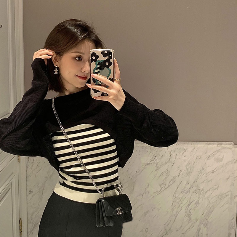 Set Áo Len Dài Tay Họa Tiết Kẻ Sọc Và Áo Hai Dây Phong Cách Hàn Quốc Thời Trang Cho Nữ