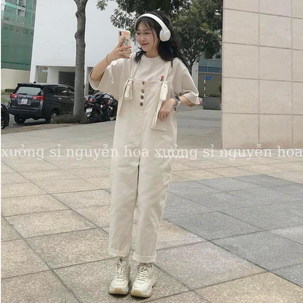 Quần yếm buộc dây 4 cúc hot trend ulzzang kiểu dáng hàn quốc freesize form rộng 2 màu be đen xưởng sỉ nguyễn hoa