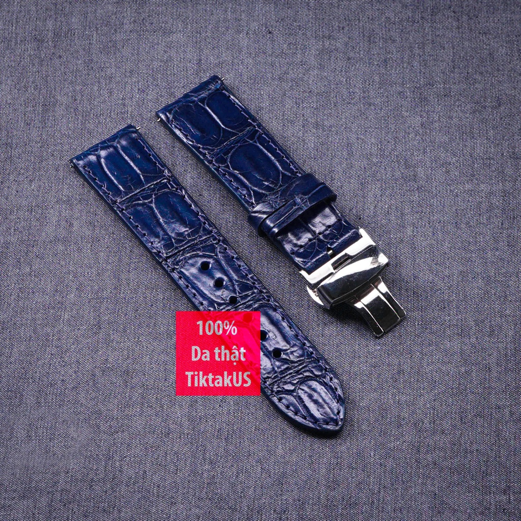 Dây đồng hồ da cá sấu thật vân ô vuông kèm khóa chống gãy dây Size dây 18-19-20-21-22mm
