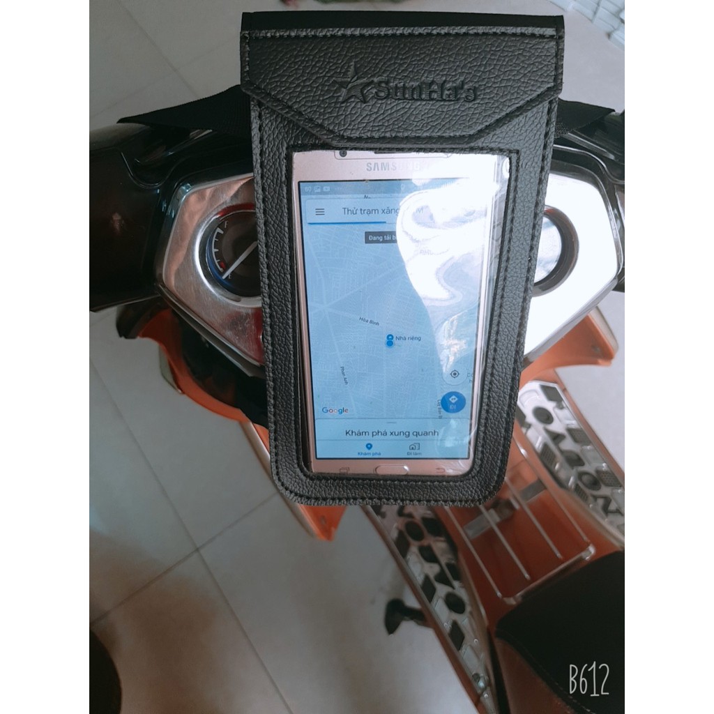 Túi treo đầu xe máy bằng da treo điện thoại đứng sunha MBS003 chuyên dùng cho grab, bee, xe ôm công nghệ