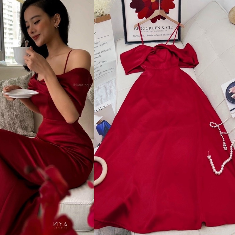 Đầm phi đỏ 2 dây trễ/bẹt/rớt vai có mút ngực, váy dài xoè nhẹ sang trọng quý phái quyến rũ, thời trang dự tiệc đi chơi
