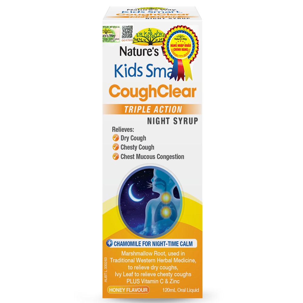 Siro Uống Nature’s Way Kids Smart Cough Clear Night Syrup Giảm Ho, Long Đờm, Tăng Cường Sức Khoẻ Hệ Hô Hấp 120ml