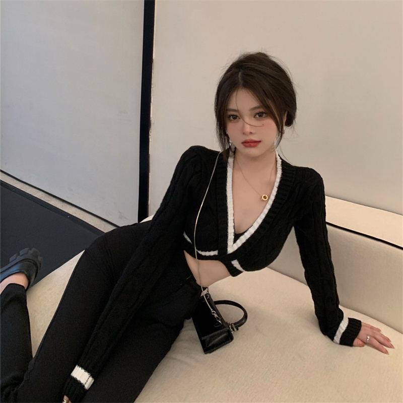 Áo len tay dài cổ chữ V màu sắc tương phản thời trang dành cho nữ