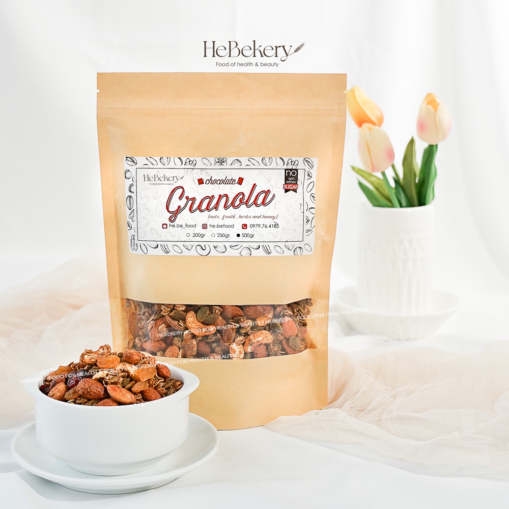 500g Granola Cacao Ăn Kiêng HeBe Không Đường Ngũ Cốc Giảm Cân Tự Nhiên