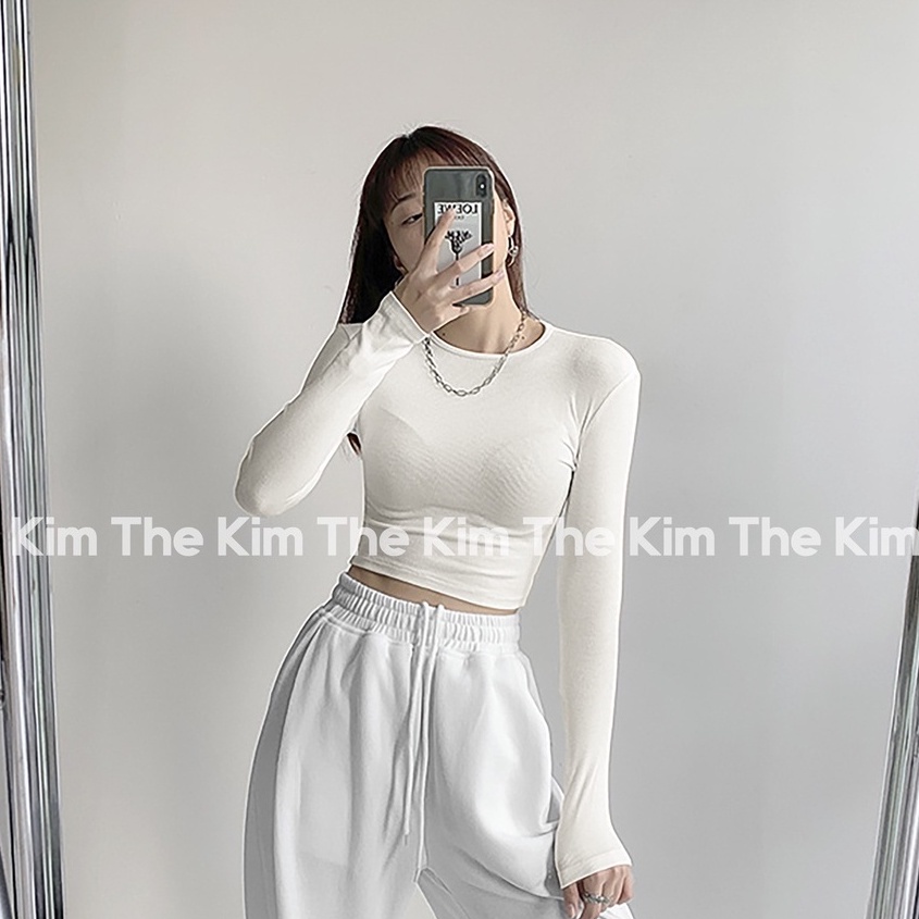 THEKIM Áo croptop dài tay cổ tròn , áo thun tăm cotton tay dài trơn basic cho nữ ôm sát body AD119 croptop | BigBuy360 - bigbuy360.vn