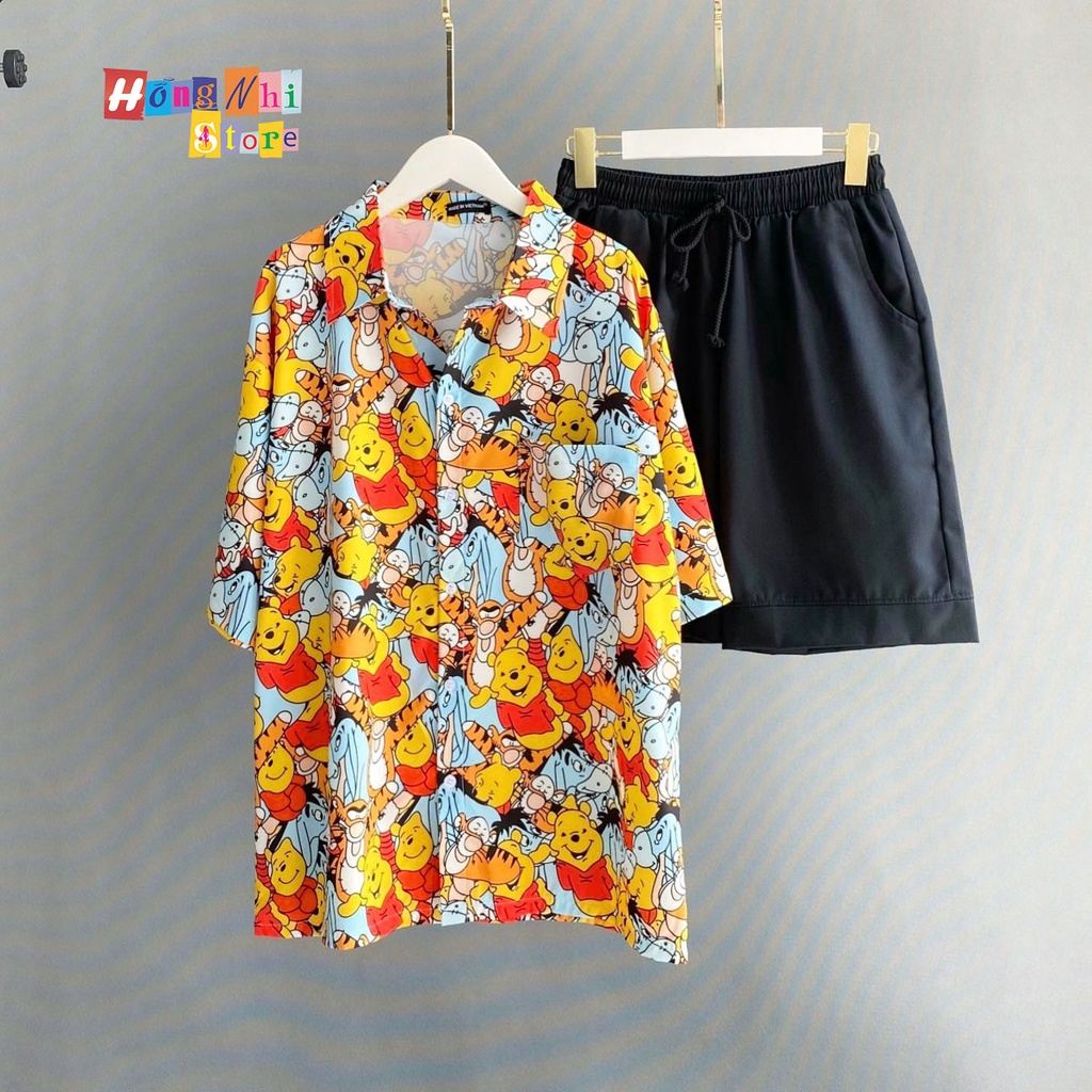 Áo Sơ Mi Họa Tiết Đi Biển Gấu Pooh Hoạt Hình Tay Lỡ Dáng Rộng Ulzzang Unisex - MM