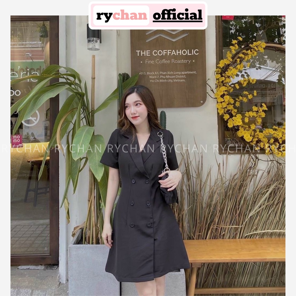 Đầm Xoè Cổ Vest Sơ Mi Đen Cổ V Chiết Eo - DX0079