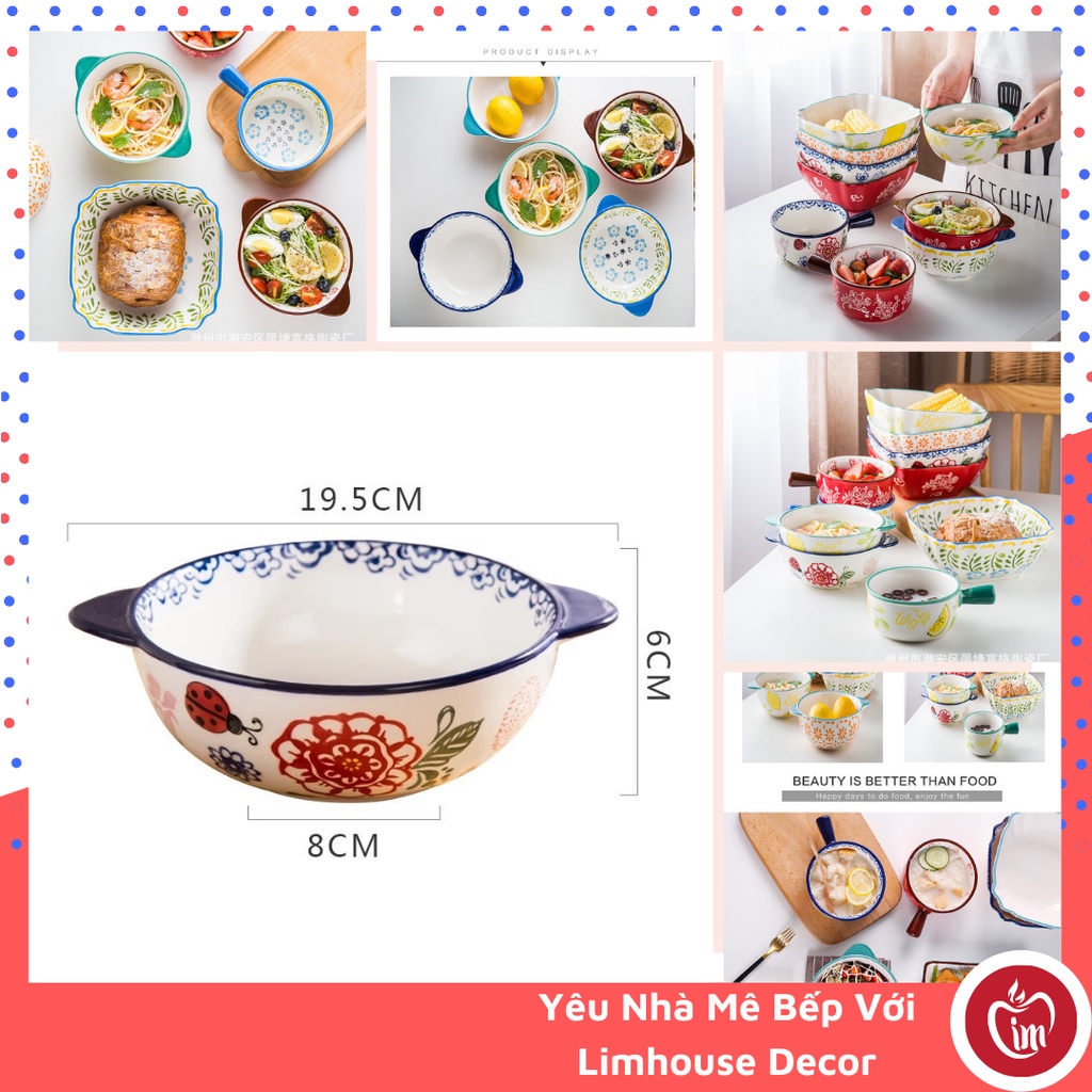 Bát tô đĩa sứ có tay cầm đựng canh phong cách hiện đại,tô sứ đẹp ăn mì ,decor phòng bếp Màu xanh than họa tiết hoa đỏ