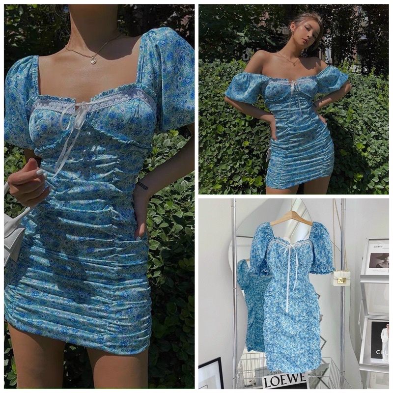 Đầm hoa nhí xanh nhún thân ôm body phối ren ngực NÀNG CLOSET