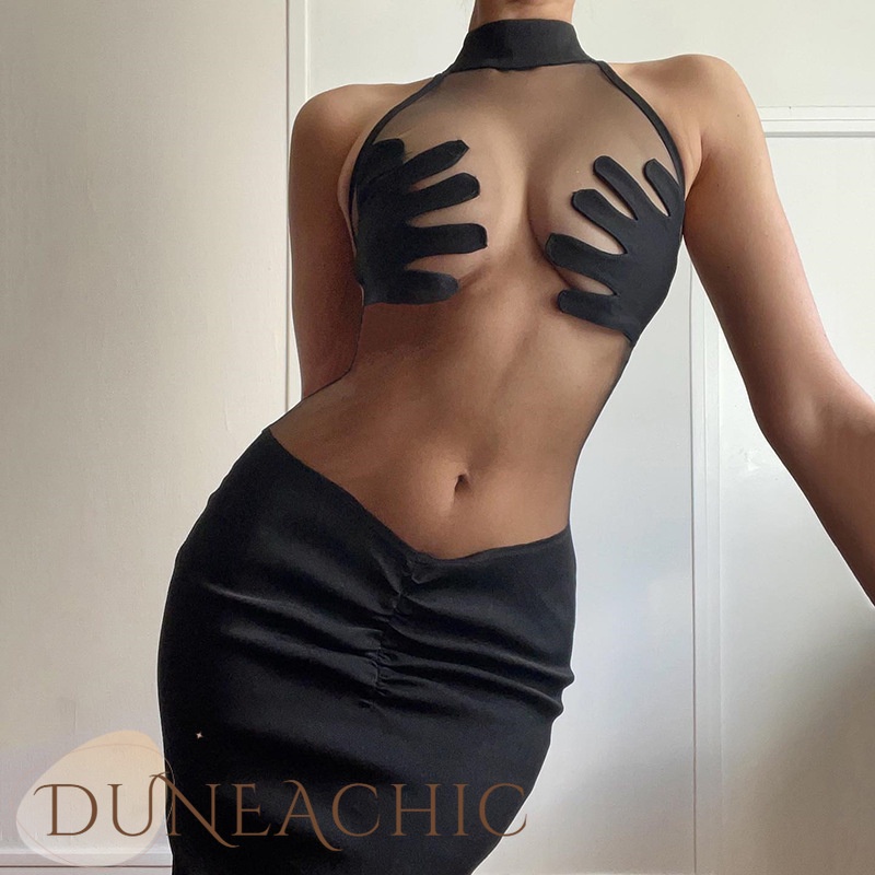 DUNEA Đầm lưới xuyên thấu xếp ly gợi cảm thời trang dành cho nữ