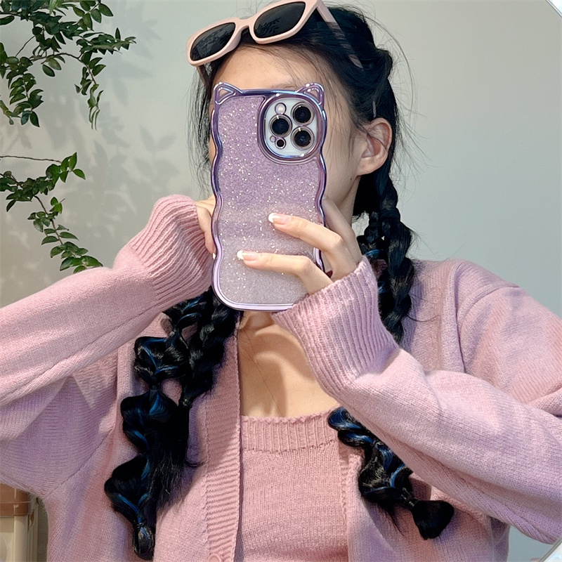 Ốp Điện Thoại TPU Mềm Mạ Điện Hình Tai Mèo Màu Tím Đậm Cho Iphone 13 12 11 Pro Max Xs Max Xr 8 7Plus