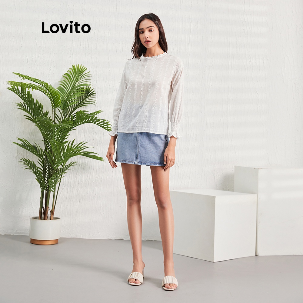 Áo kiểu Lovito bằng vải voan phối ren tương phản tay phồng đáng yêu L07156 (màu trắng) | BigBuy360 - bigbuy360.vn