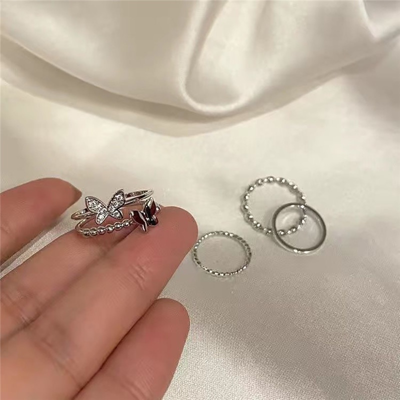 Set 5 nhẫn mạ vàng/bạc kiểu gợn sóng phong cách Hàn Quốc