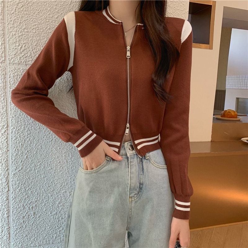 Áo khoác cardigan dài tay phối khóa kéo màu sắc tương phản phong cách Hàn Quốc